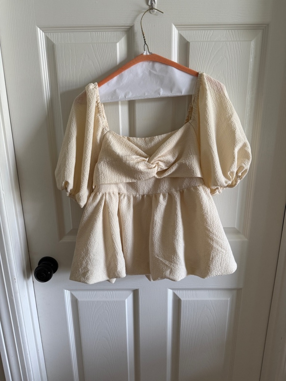 Lumiere Cream Puff-Sleeve Square-Neck Peplum Top